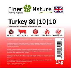 Finer By Nature Turkey 80-10-10 - Raw Food- Working Dog - 1kg