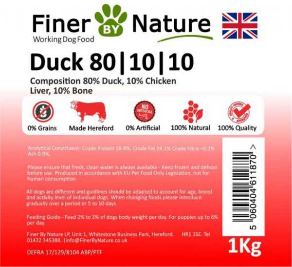 Finer By Nature Duck 80-10-10 - Raw Food- Working Dog - 1kg