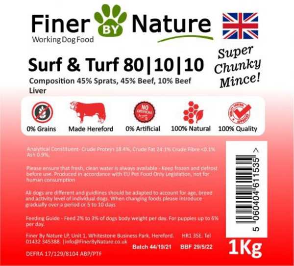 Finer By Nature Surf & Turf 80-10-10 - Raw Food - Working Dog - 1kg